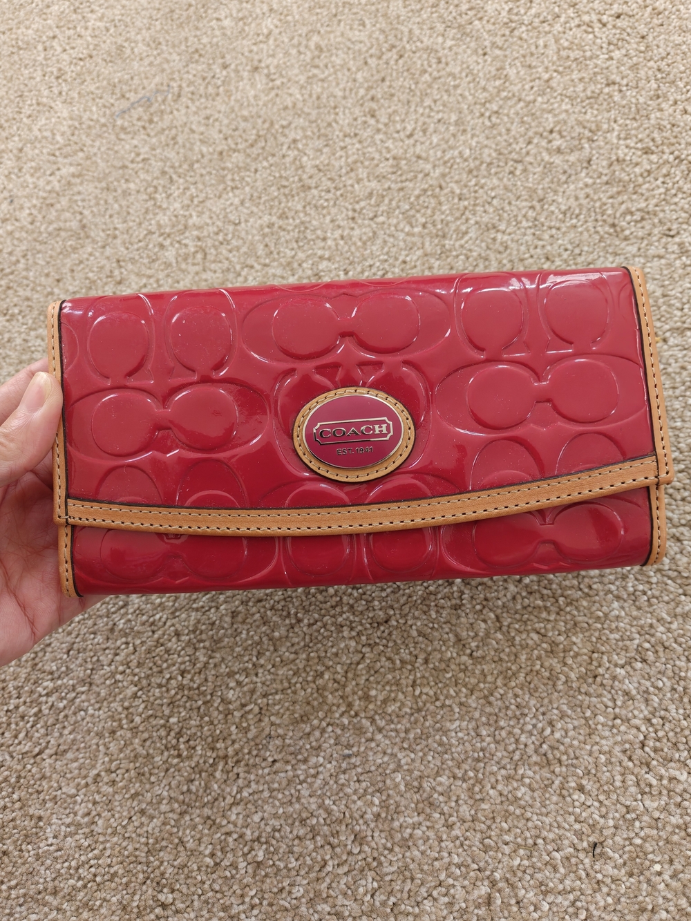Coach Women's Red Patent Leather Wallet with Tan Trim